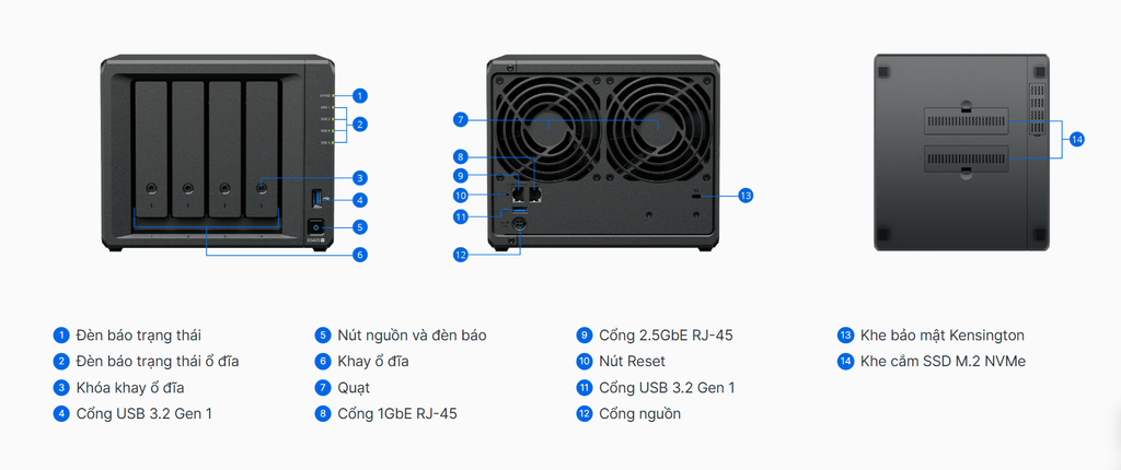 Bộ lưu trữ mạng Synology DS425+ 4-bay Plus series, Intel Celeron J4125 quad-core processor, 2 GB DDR4 non-ECC SODIMM (up to 6 GB),Built-in two M.2 NVMe slots and 1 x 2.5GbE and 1 x 1GbE RJ-45 LAN port, 3Y WTY