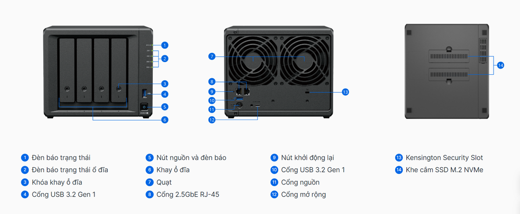 Bộ lưu trữ mạng Synology DS925+ 4-bay Plus series model (up to 9-bay), AMD Ryzen V1500B (4-core), 4 GB DDR4 SODIMM (up to 32 GB), Built-in two M.2 NVMe slots, Two built-in 2.5GbE RJ-45 ports, 3Y WTY