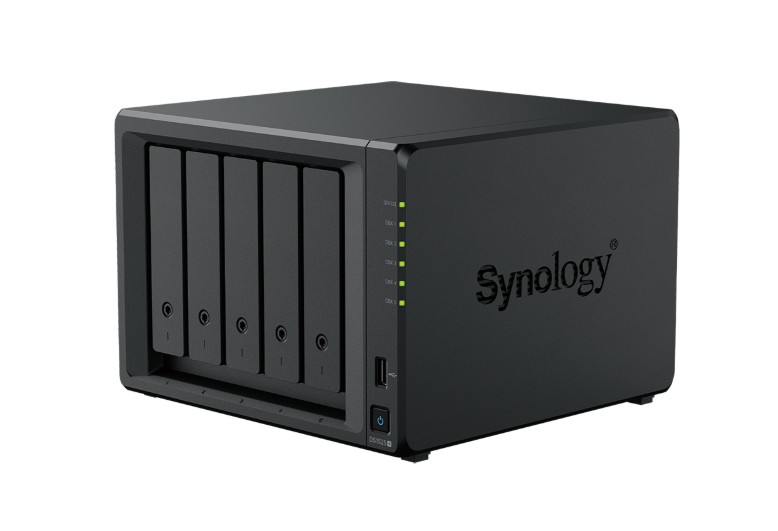 Bộ lưu trữ mạng Synology DS1525+ 5-bay Plus series (up to 15-bay), AMD Ryzen V1500B, 8 GB DDR4 SODIMM (up to 32 GB), 2 x M.2 NVMe slots, 2 x 2.5GbE RJ-45 ports, 10GbE expansion options via E10G22-T1-Mini, 3Y WTY