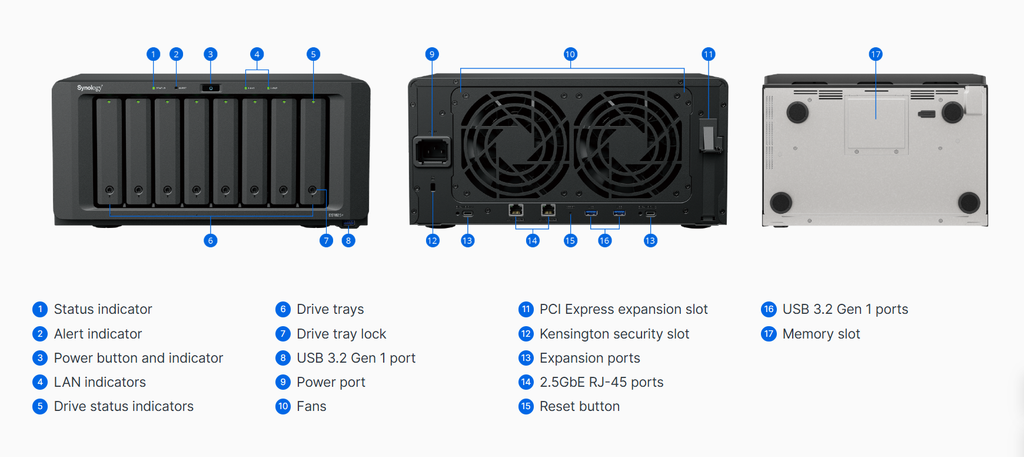 Bộ lưu trữ mạng Synology DS1825+ 8-bay Plus series (up to 18-bay), AMD Ryzen V1500B, 8 GB DDR4 SODIMM (up to 32 GB), 2 x M.2 NVMe slots, 2 x 2.5GbE RJ-45 ports, PCIe 3.0 slot for optional 10GBASE-T or 10/25Gb SFP+/SFP28 adapter cards, 3Y WTY