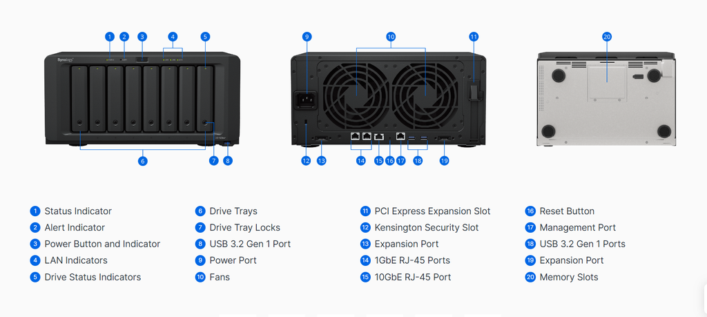 Bộ lưu trữ mạng Synology DS1823xs+ 8 bay DiskStation (up to 18-bay), AMD Ryzen V1780B quad-core, 8GB RAM (up to 32GB), Built-in 1x10GbE, 1 x management port for out-of-band management and 2 x M.2 2280 NVMe slots. support Synology HDD & SSD ONLY, 5Y WTY