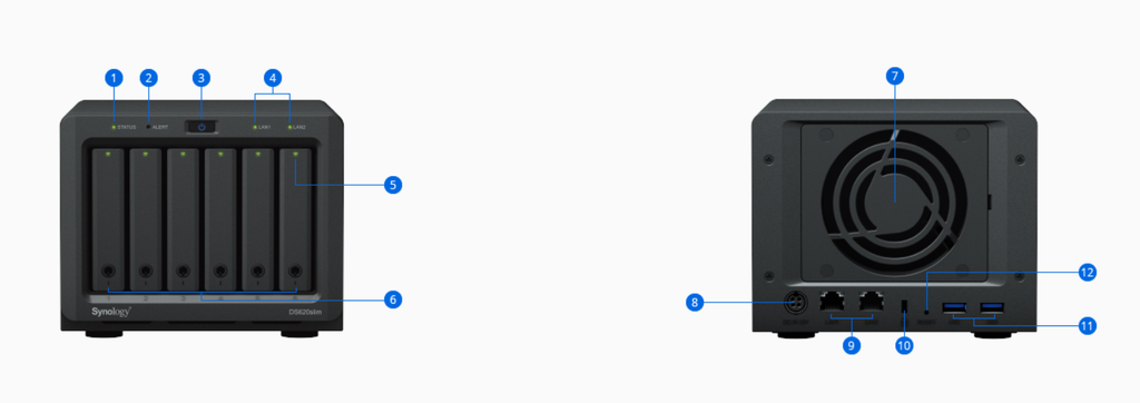 Bộ lưu trữ mạng Synology DS620slim 6-bay DiskStation, Dual Core 2.0 GHz (turbo to 2.5 GHz), 2GB RAM (up to 6GB), 2Y WTY