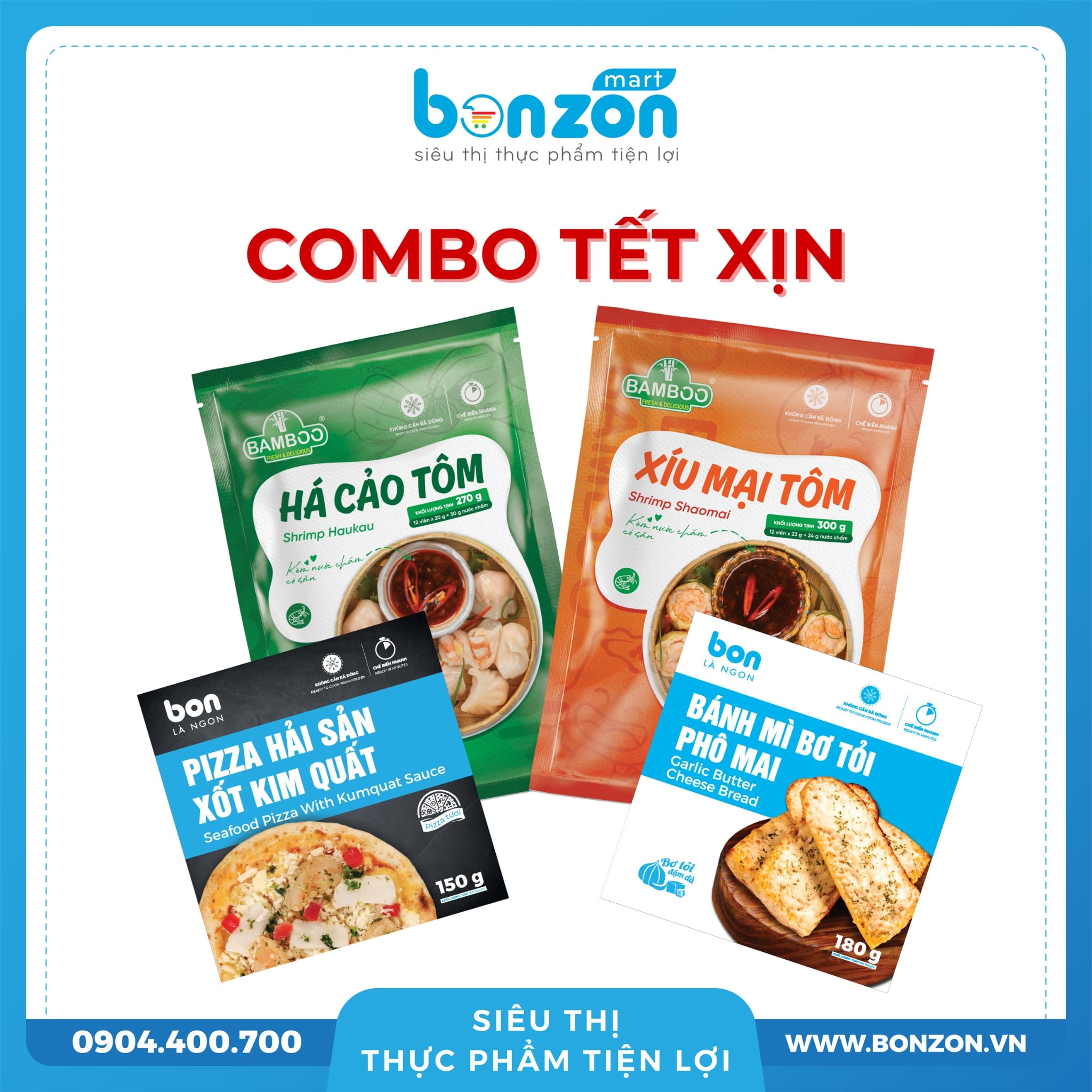 [COMBO TẾT XỊN 179K] BÁNH MÌ BƠ TỎI PHÔ MAI + PIZZA HẢI SẢN XỐT KIM QUẤT + HÁ CẢO TÔM BAMBOO + XÍU MẠI TÔM BAMBOO