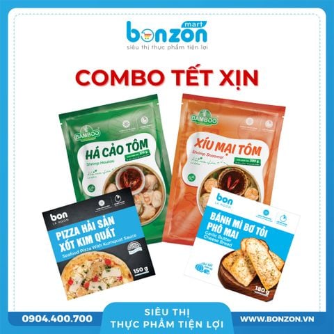 [COMBO TẾT XỊN 179K] BÁNH MÌ BƠ TỎI PHÔ MAI + PIZZA HẢI SẢN XỐT KIM QUẤT + HÁ CẢO TÔM BAMBOO + XÍU MẠI TÔM BAMBOO