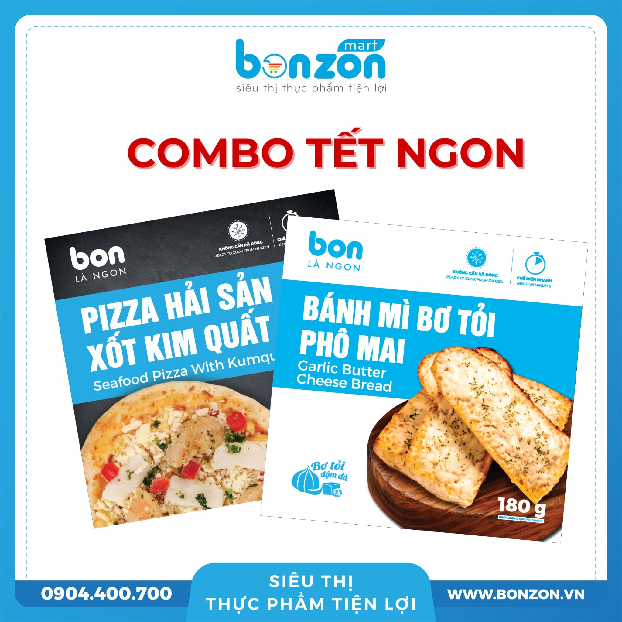 [COMBO TẾT NGON 99K] BÁNH MÌ BƠ TỎI PHÔ MAI + PIZZA HẢI SẢN XỐT KIM QUẤT