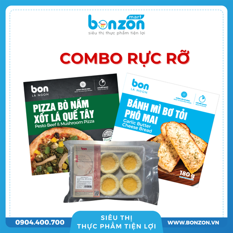 [COMBO RỰC RỠ] PIZZA BÒ NẤM XỐT LÁ QUẾ TÂY + BÁNH MÌ BƠ TỎI PHÔ MAI + BÁNH TRỨNG
