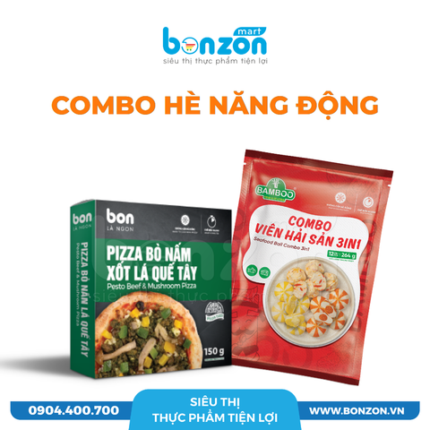 [COMBO HÈ NĂNG ĐỘNG] COMBO VIÊN HẢI SẢN BAMBOO 3IN1 + PIZZA BÒ NẤM XỐT LÁ QUẾ TÂY