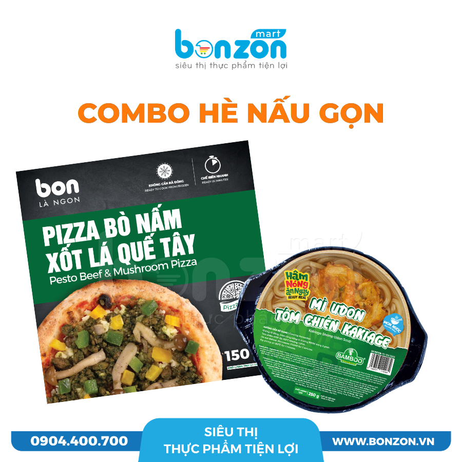 [COMBO HÈ NẤU GỌN] PIZZA BÒ NẤM XỐT LÁ QUẾ TÂY BON + MÌ UDON TÔM CHIÊN KAKIAGE BAMBOO