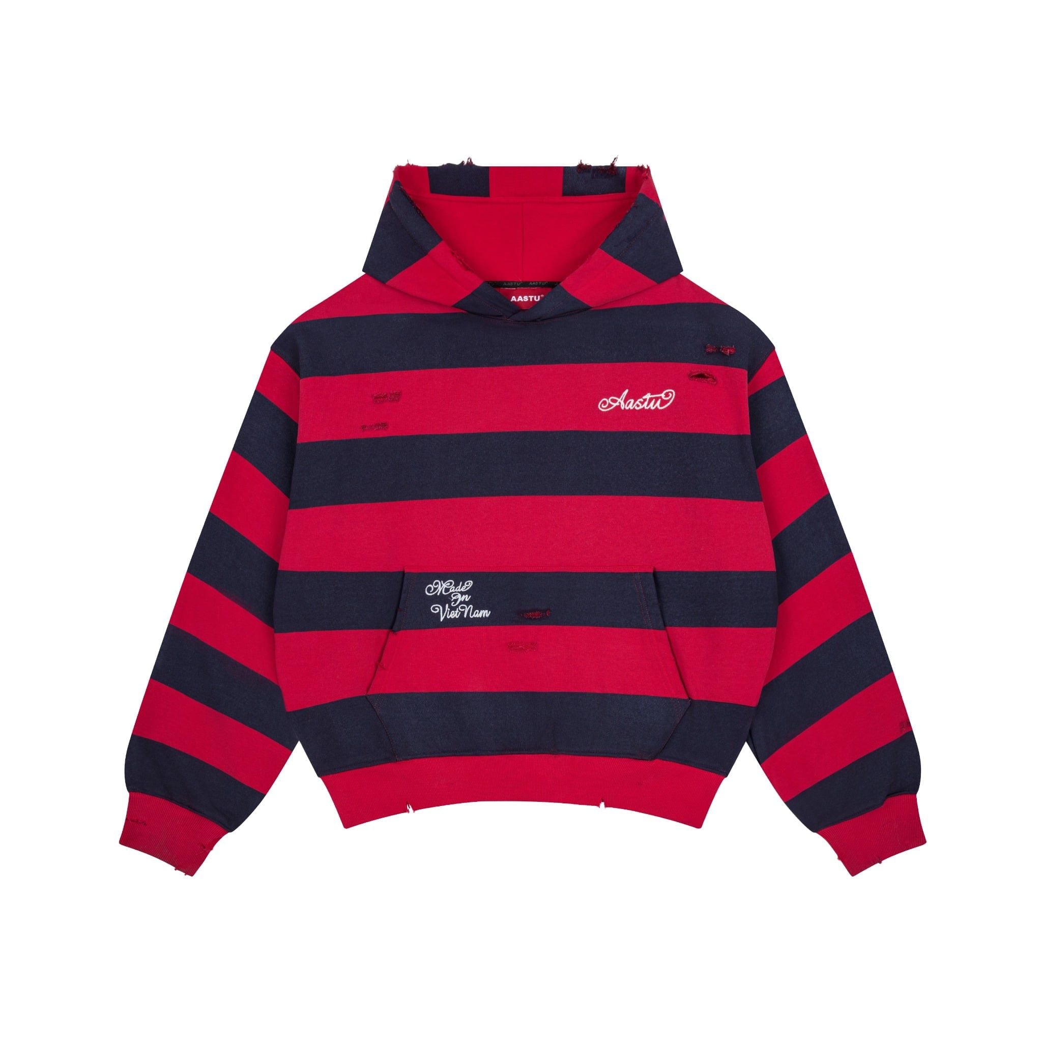  AASTU STRIPED NAVY HOODIE WASHED // RED 
