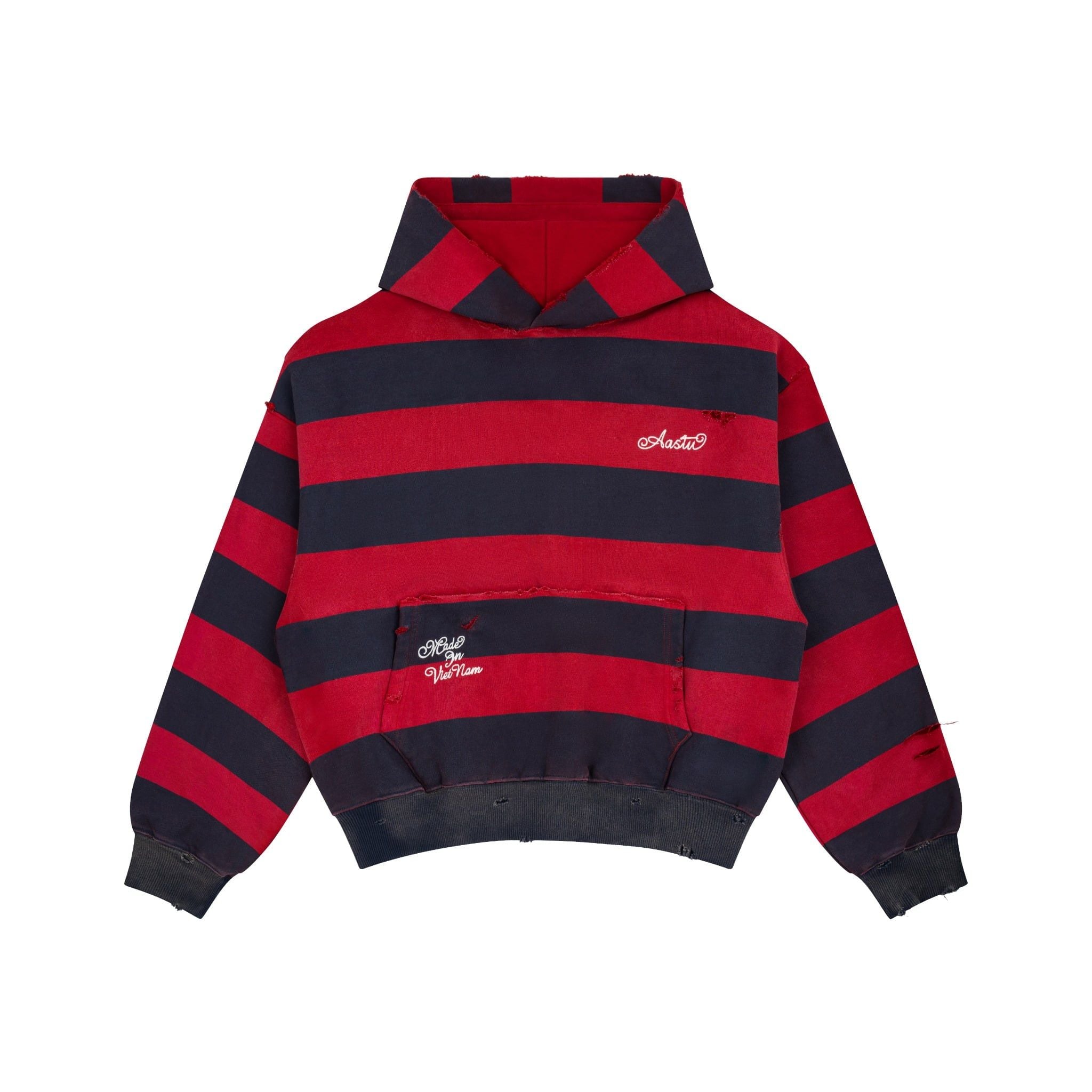  AASTU STRIPED NAVY HOODIE WASHED // RED 