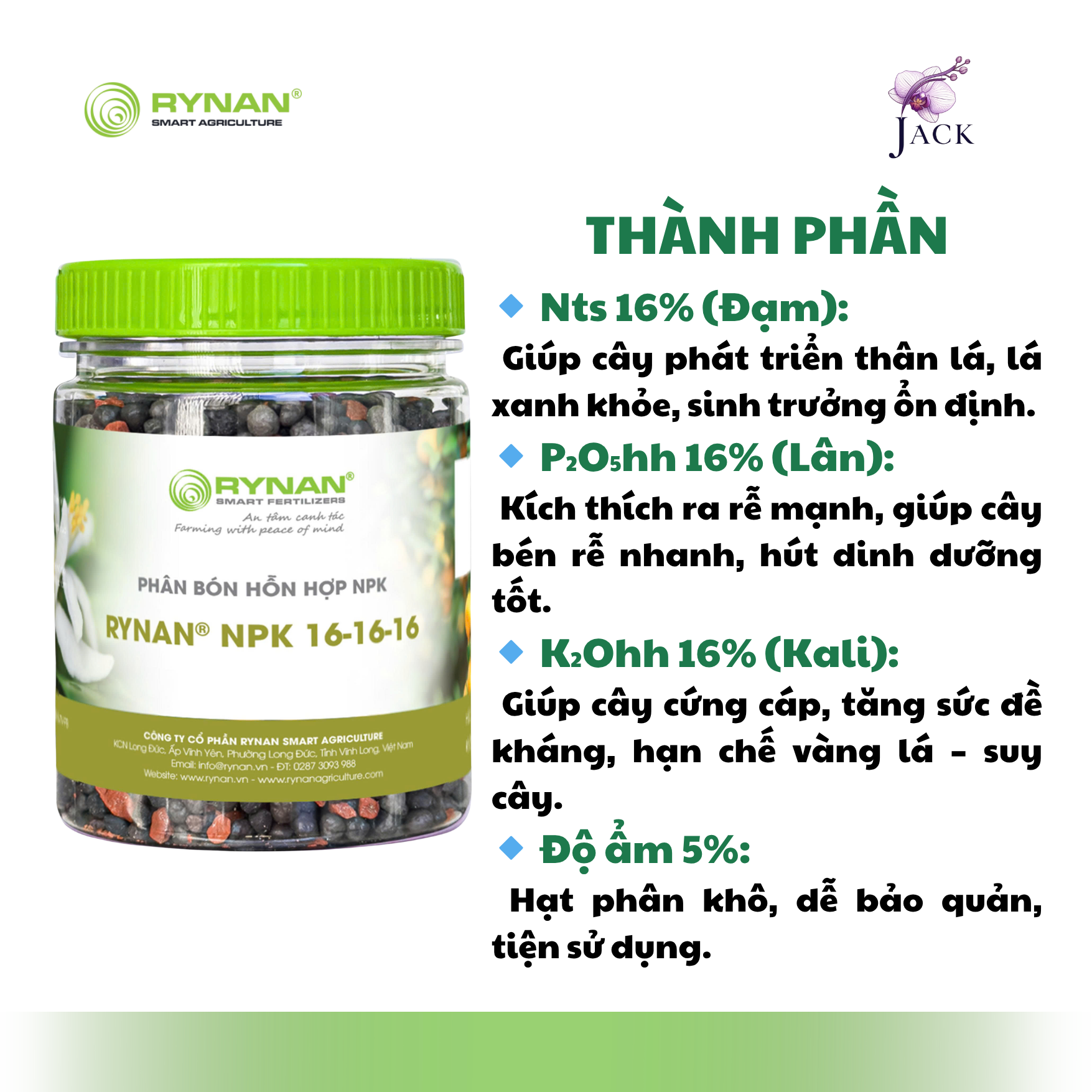  Phân bón tan chậm Rynan NPK 16-16-16 – Dinh dưỡng cân bằng, dùng cho cây có múi 