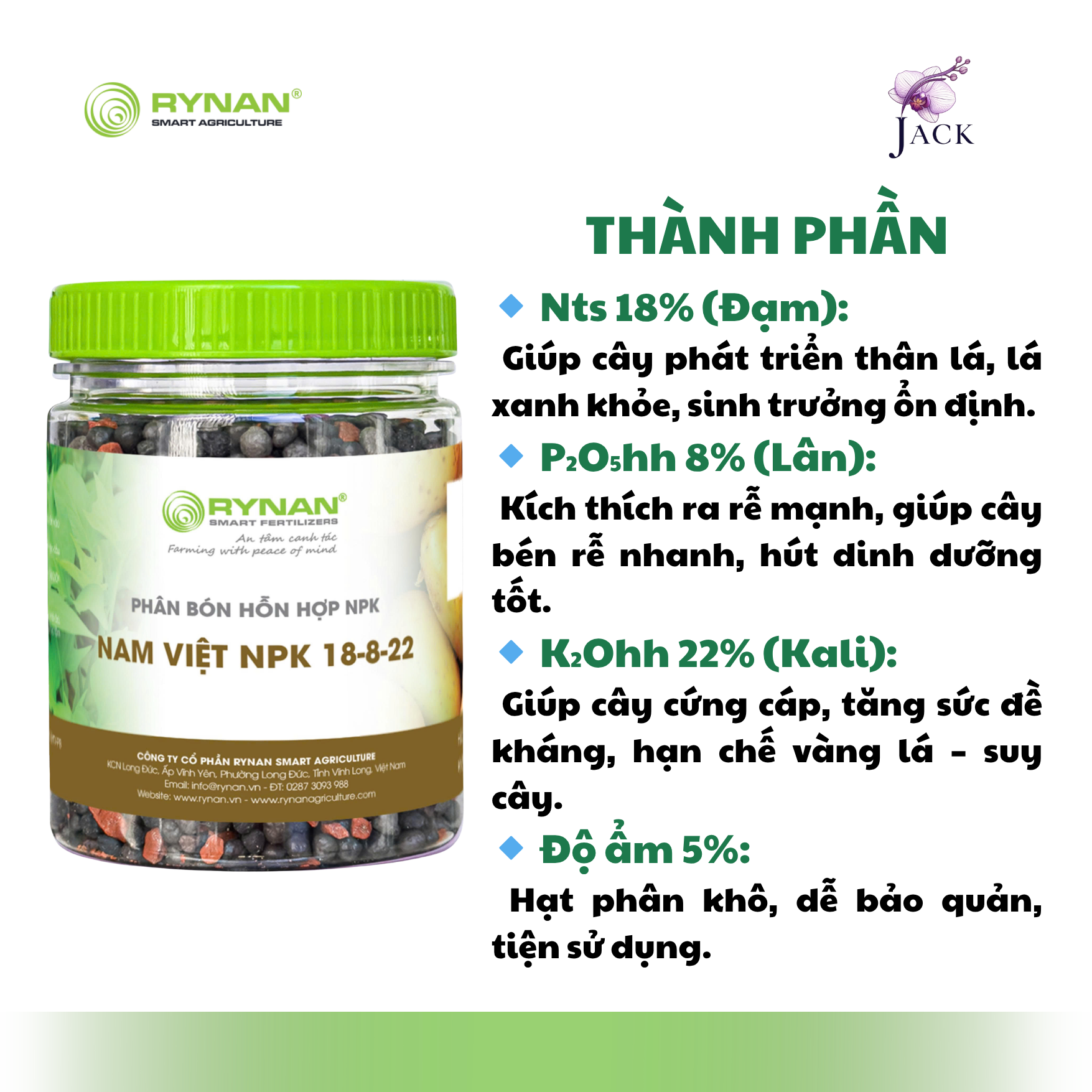  Phân bón tan chậm Rynan NPK 18-8-22 – Dinh dưỡng cho cây ăn trái, cây lâu năm 