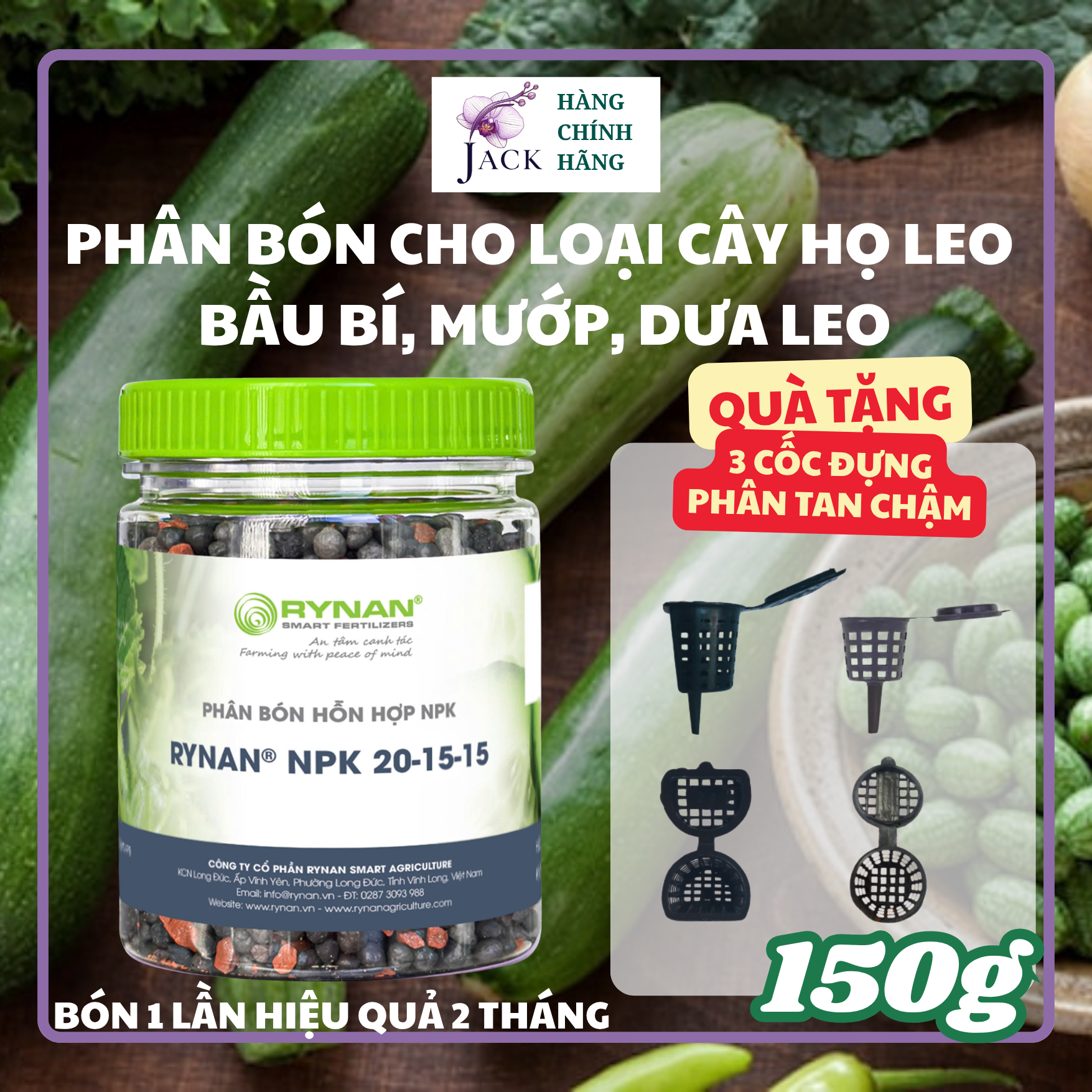 Phân bón tan chậm Rynan NPK 20-15-15 – Dinh dưỡng cân đối cho cây họ leo bầu bí, mướp, dưa leo 