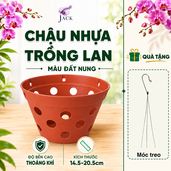  Chậu Nhựa Trồng Lan Màu Đất Nung — Bền, Đẹp, Nhẹ, Thoáng Khí — Tặng Kèm Móc Treo 