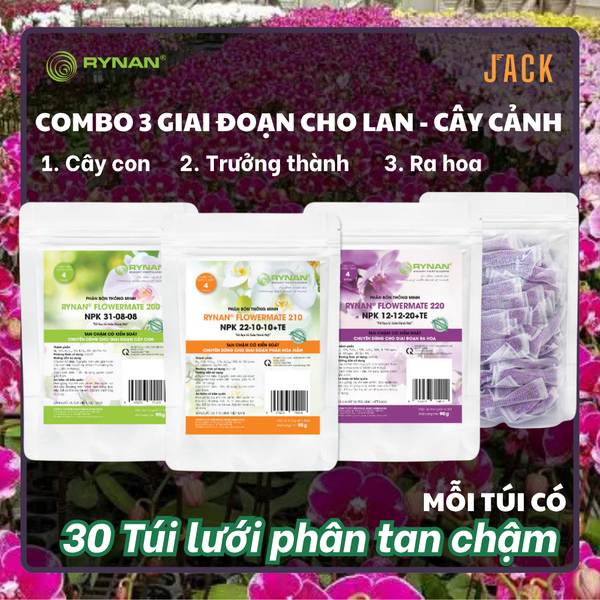  Bộ 3 gói 90 túi lưới phân bón Tan chậm Rynan - Cho lan, cây cảnh 3 giai đoạn cây con, trưởng thành, ra hoa 