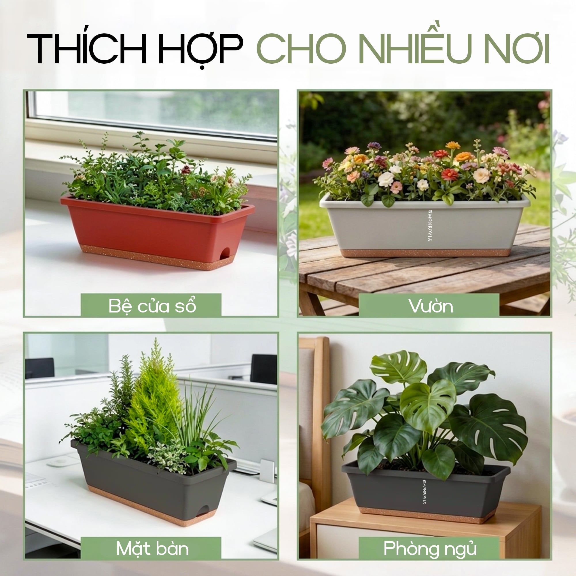  Bộ Chậu Chữ Nhật Monrovia — Chậu Nhựa PP Cao Cấp Trồng Cây Ban Công, Cửa Sổ 