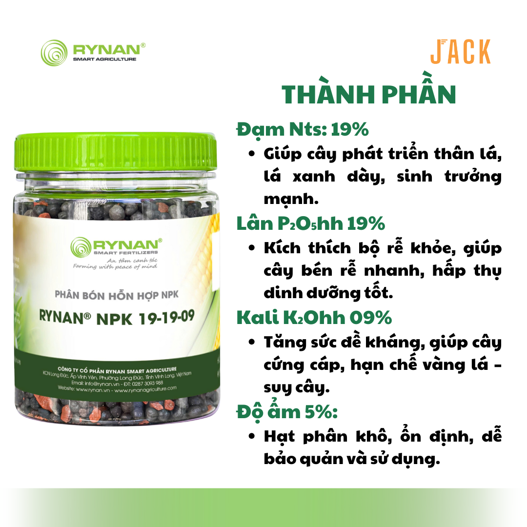  Phân bón tan chậm Rynan 19-19-09 – Dinh dưỡng cân đối, nuôi cây khỏe, trái bền 