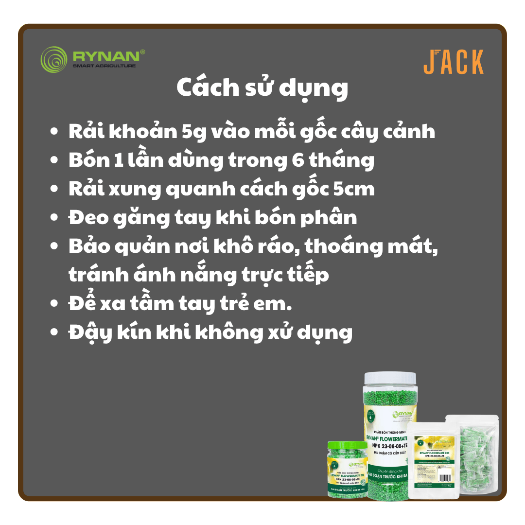  Phân bón tan chậm cây cảnh RYNAN 23-08-08 dưỡng lá và chồi Lọ 1.25kg 