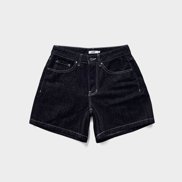  WIDE LEG DENIM JEANS SHORTS - RAW BLACK 