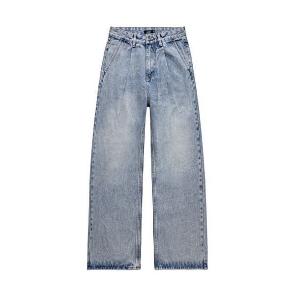  PLEATED WIDE LEG DENIM JEANS - LIGHT BLUE 