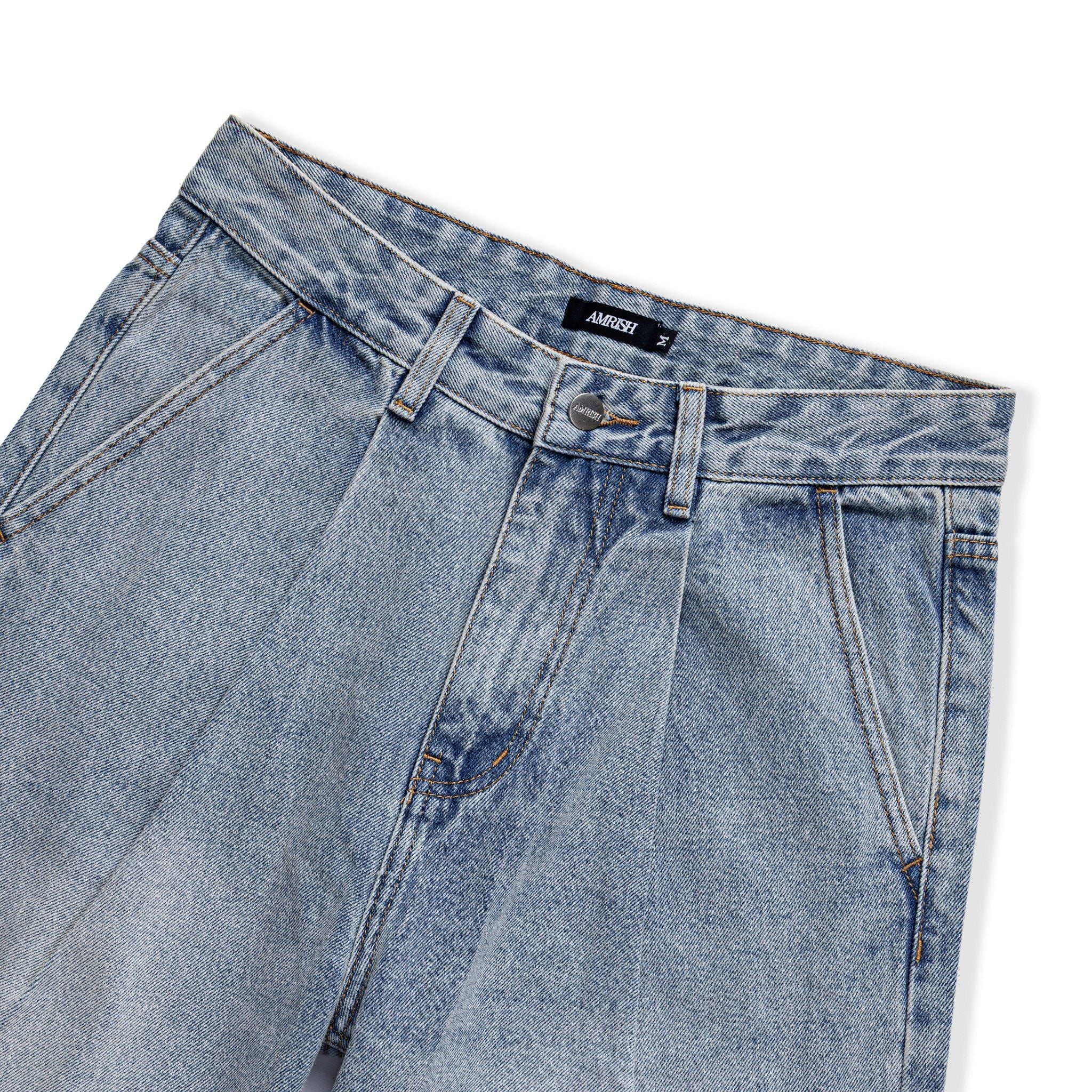  PLEATED WIDE LEG DENIM JEANS - LIGHT BLUE 