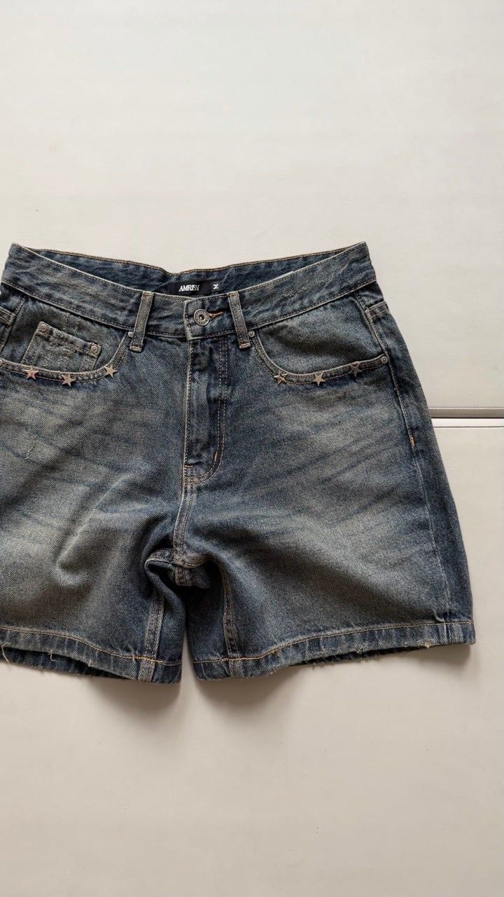  WIDE LEG STAR DENIM JEANS SHORTS - DUSK BLUE 