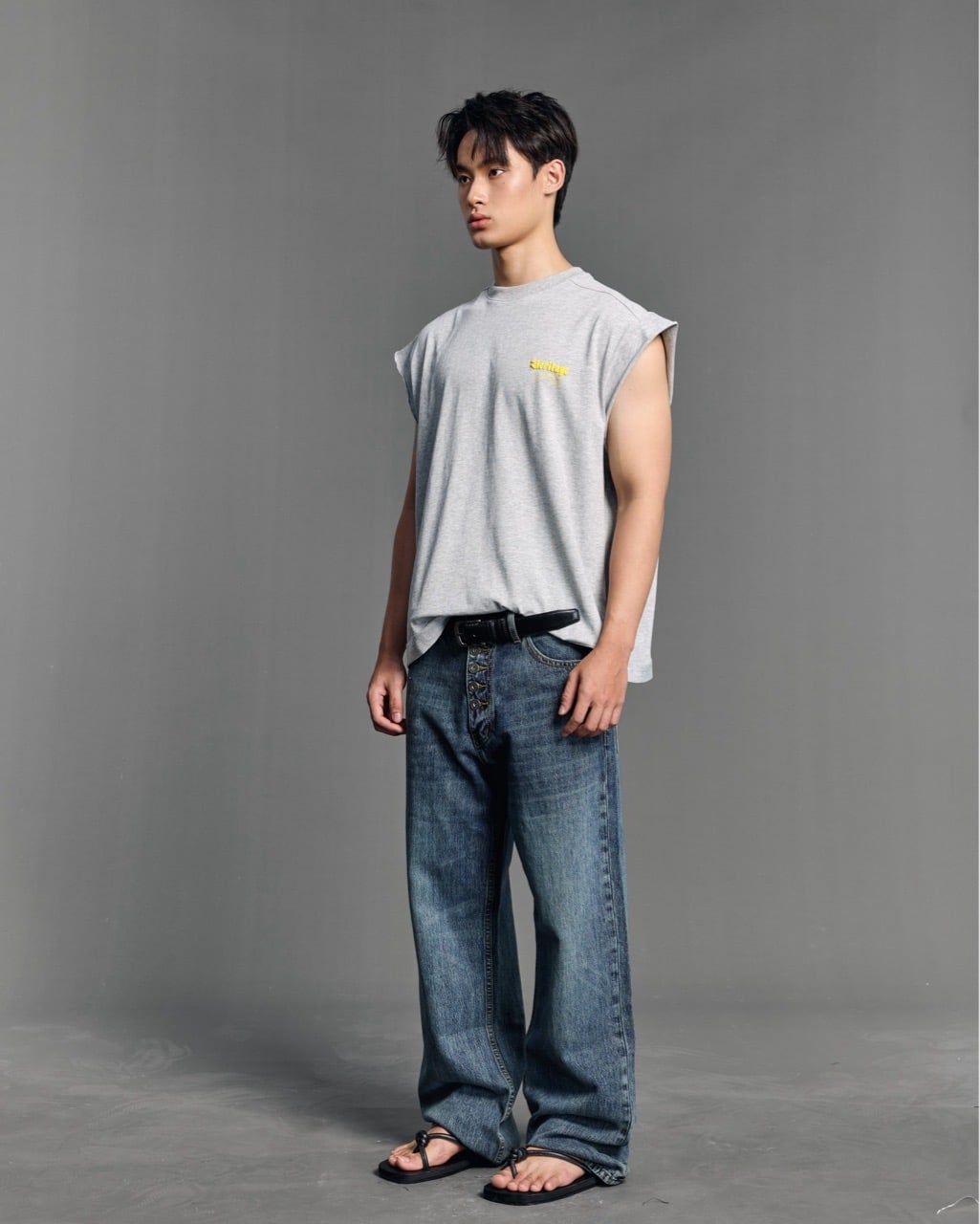  STRAIGHT BUTTON DENIM JEANS - CHARCOAL BLUE 