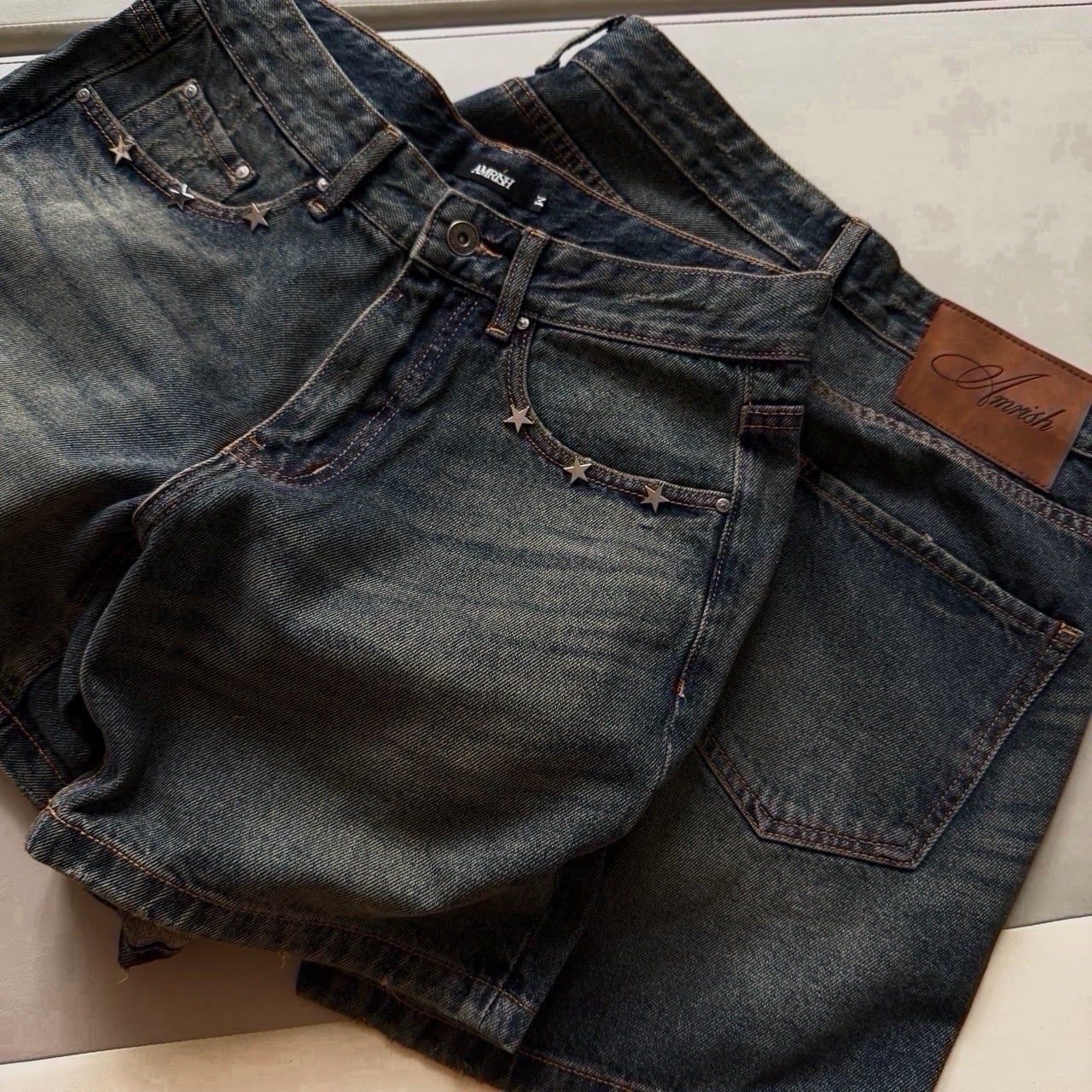  WIDE LEG STAR DENIM JEANS SHORTS - DUSK BLUE 