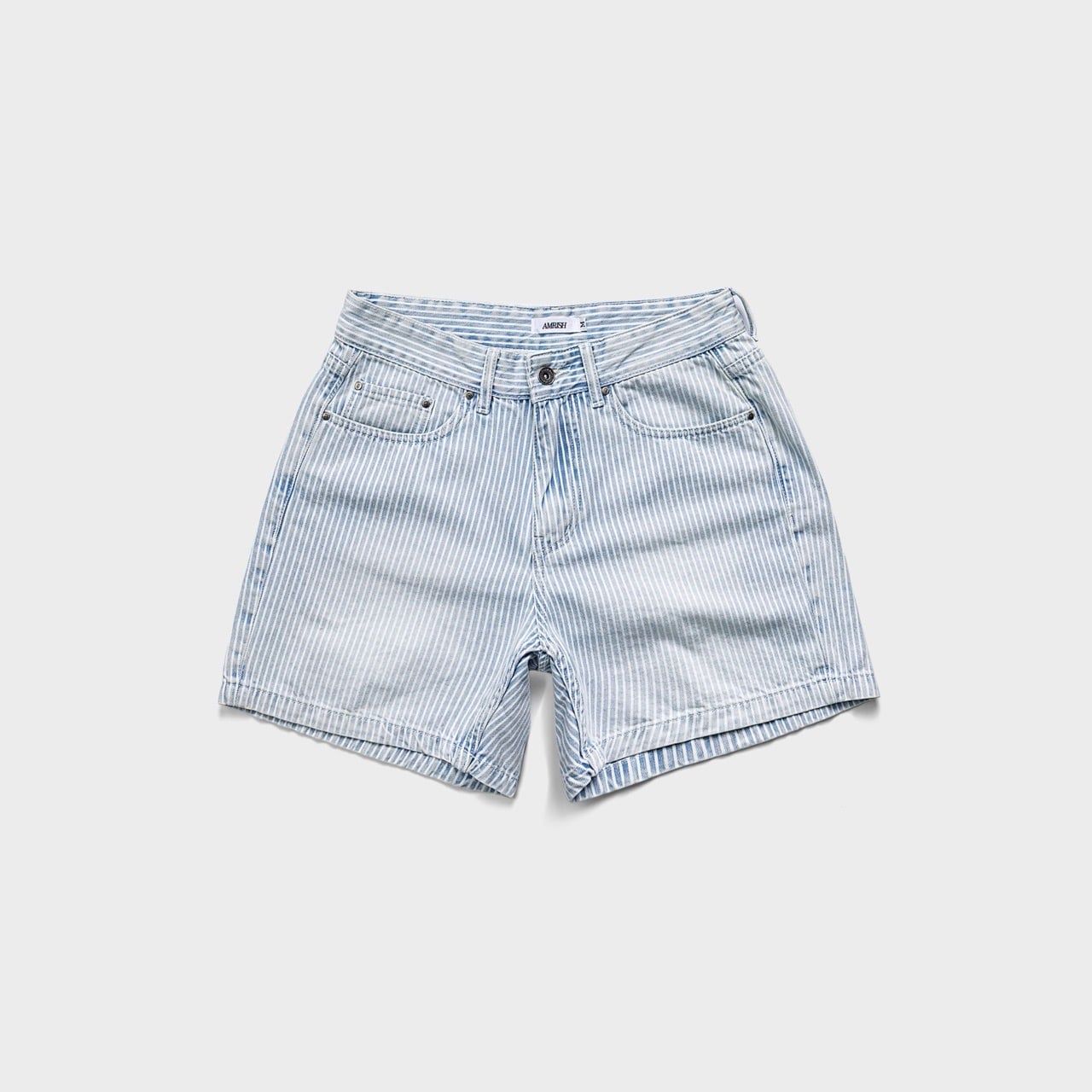  WIDE LEG STRIPED DENIM SHORTS - LIGHT BLUE 
