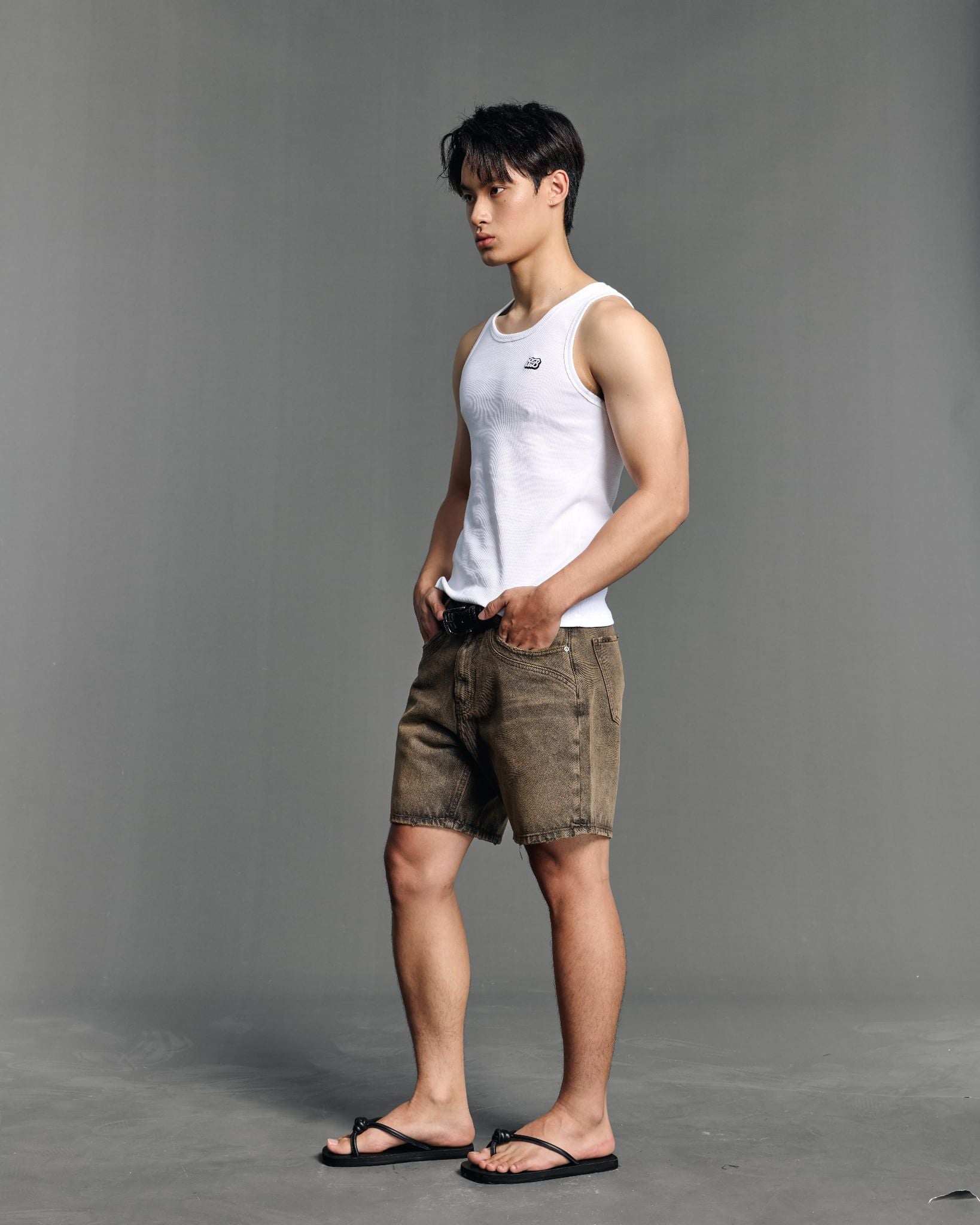  PANEL WIDE LEG DENIM SHORTS - SAND 