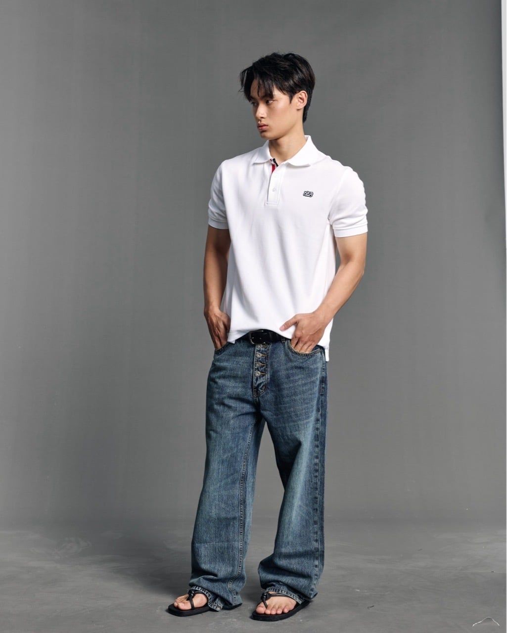  STRAIGHT BUTTON DENIM JEANS - CHARCOAL BLUE 