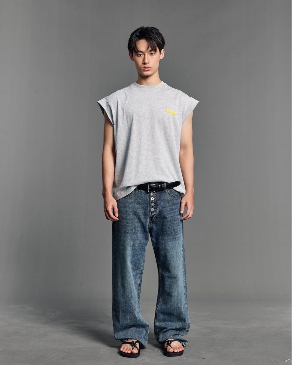  STRAIGHT BUTTON DENIM JEANS - CHARCOAL BLUE 