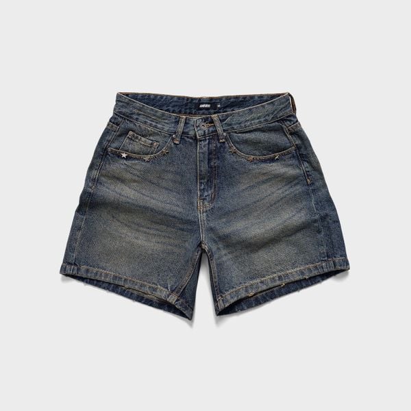  WIDE LEG STAR DENIM JEANS SHORTS - DUSK BLUE 
