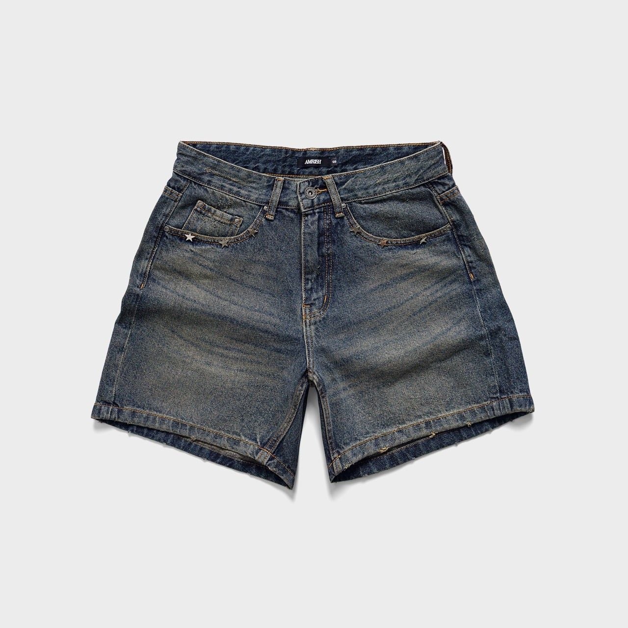  WIDE LEG STAR DENIM JEANS SHORTS - DUSK BLUE 