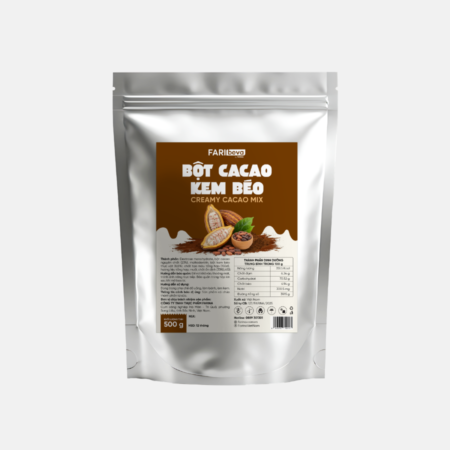 BỘT CACAO KEM BÉO NHÃN HIỆU FARIBEVA TỪ FARINA | TÚI 500G, THÙNG 30 TÚI
