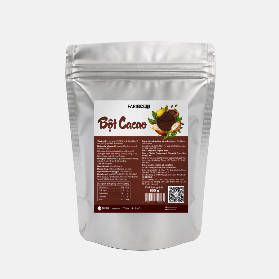 Bột Cacao FariBake nguyên chất 100% |  Túi 1kg. 500g, 200g