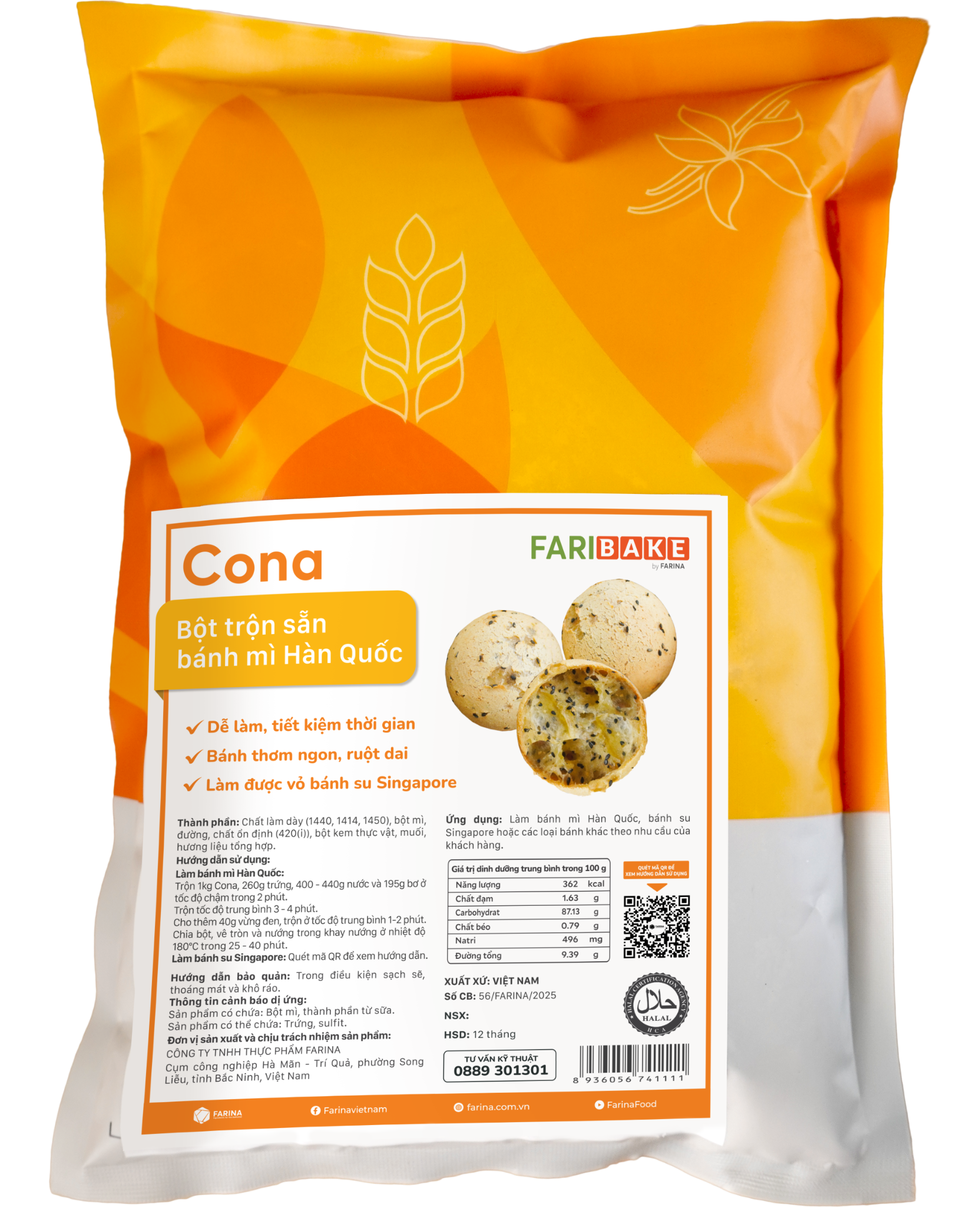 Cona - Bột Trộn Sẵn Bánh Mì Hàn Quốc, Farina | Túi 1kg