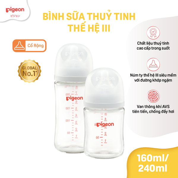 Bình sữa Thủy Tinh cổ rộng Pigeon Softouch thế hệ III 160ml/240ml