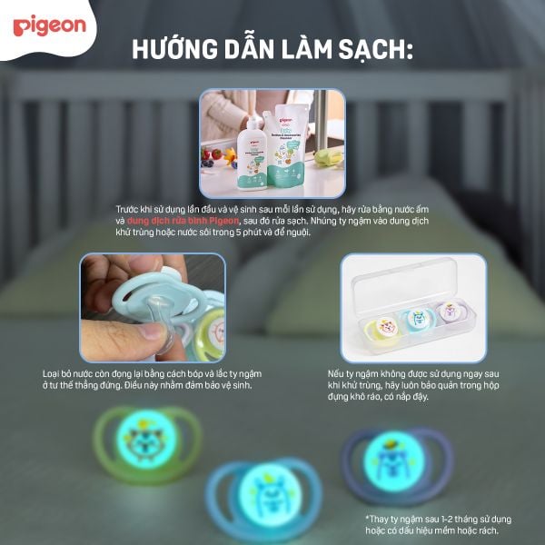 Ty Ngậm Silicone Siêu Mềm Ban Đêm Pigeon, Núm Ti Giả Cho Bé Từ 0-12+ tháng