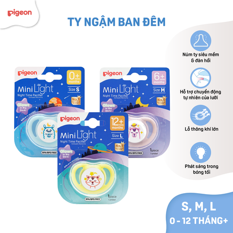 Ty Ngậm Silicone Siêu Mềm Ban Đêm Pigeon, Núm Ti Giả Cho Bé Từ 0-12+ tháng