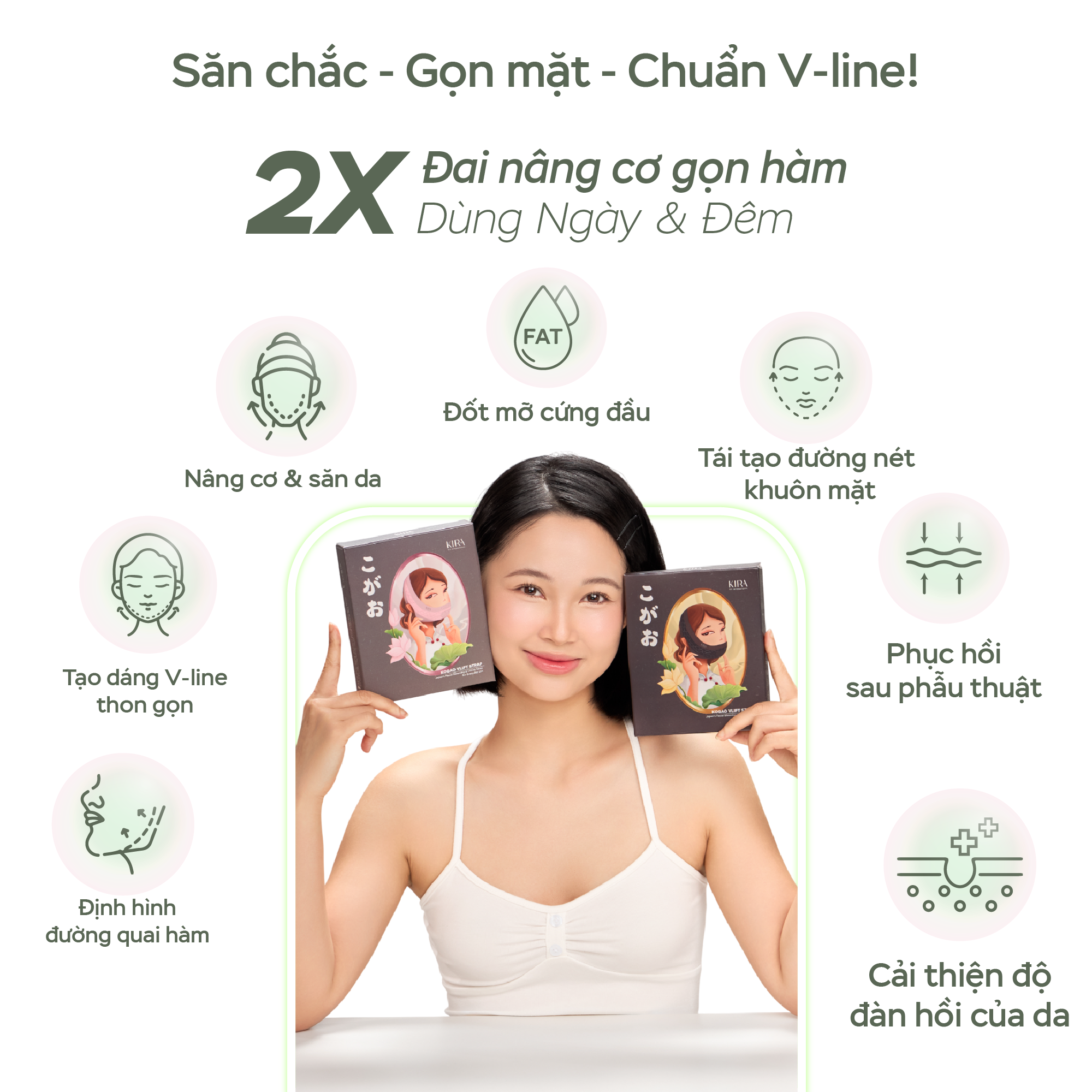  KOGAO Double VLift - Đai nâng cơ thọn gọn mặt với công nghệ hồng ngoại xa độc quyền giúp nâng cơ, giảm nọng cằm, hỗ trợ săn chắc da, tái tạo đường nét V-line tinh tế và cải thiện tình trạng ngáy ngủ. 
