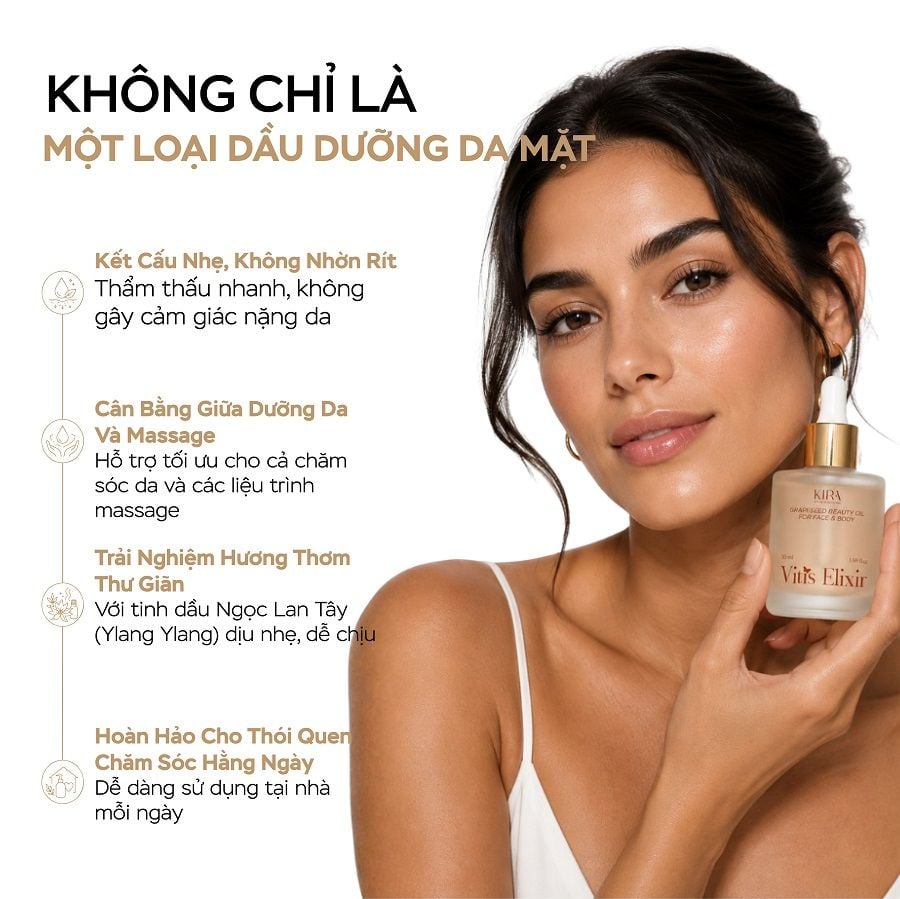  KIRA Vitis Elixir – Tinh dầu dưỡng da & massage mặt, cơ thể, thải độc hệ bạch huyết Phù hợp sử dụng với gua sha và dụng cụ massage 