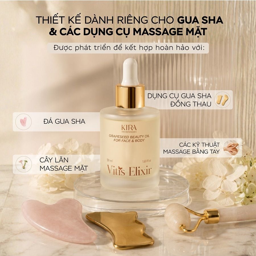  KIRA Vitis Elixir – Tinh dầu dưỡng da & massage mặt, cơ thể, thải độc hệ bạch huyết Phù hợp sử dụng với gua sha và dụng cụ massage 