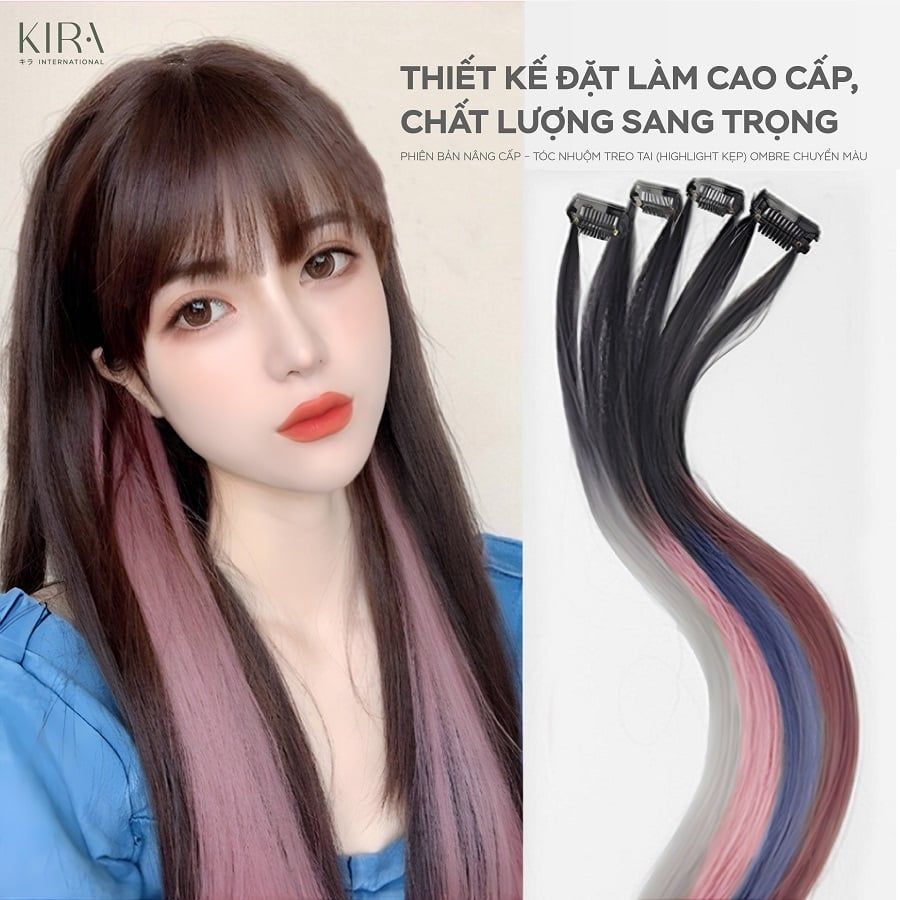  Set 2 lọn tóc giả highlight sợi bấm nhuộm ombre gam màu cá tính dài 60cm 