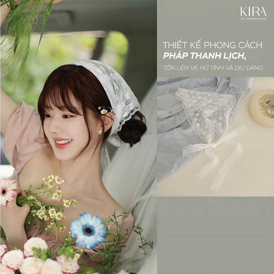  Băng đô ren trắng, khăn đội đầu, khăn tam giác kiểu Pháp, khăn vuông phong cách 