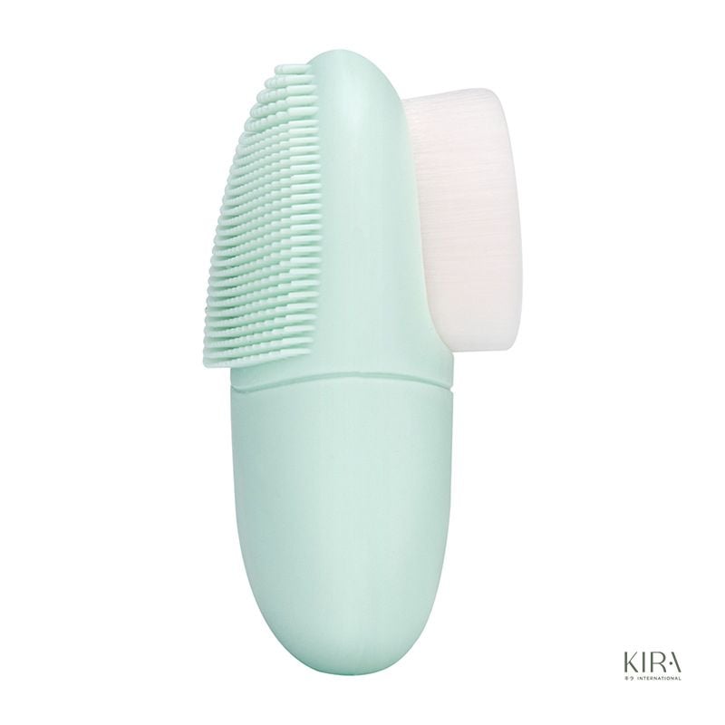  Dụng cụ rửa mặt/massage mặt/chải khô mặt 2 đầu silicone và lông mềm | Bàn chải rửa mặt cầm tay làm sạch sâu - Vàng be 