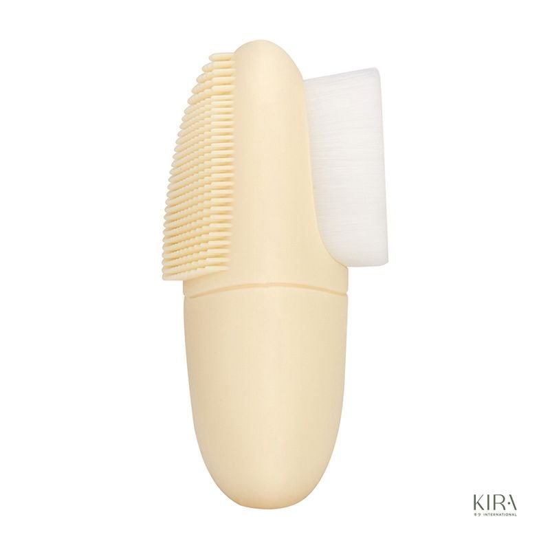  Dụng cụ rửa mặt/massage mặt/chải khô mặt 2 đầu silicone và lông mềm | Bàn chải rửa mặt cầm tay làm sạch sâu - Vàng be 