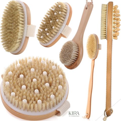  Bàn chải tắm massage cán dài và cọ khô toàn thân bằng gỗ – Tẩy tế bào chết, cải thiện lưu thông máu, spa tại nhà 
