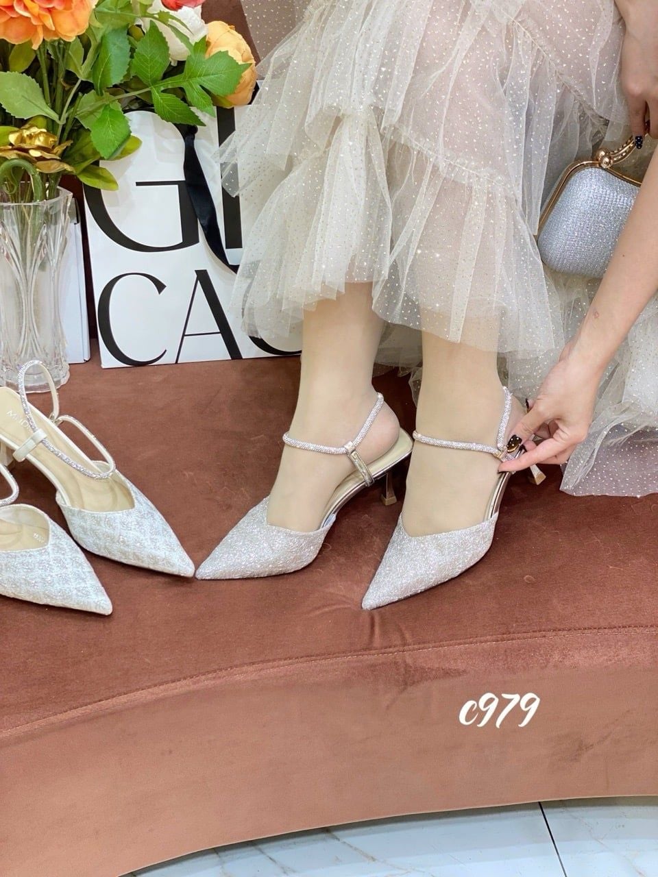Cao gót nhọn hở gót đi tiệc bling C979
