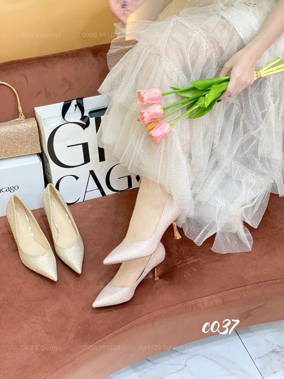 Cao gót nhọn tiệc Bling C037